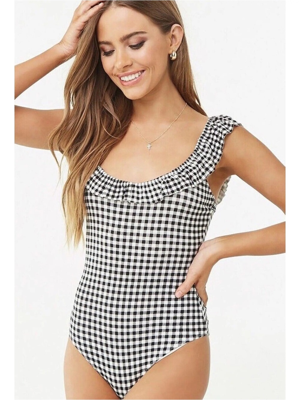 Forever 21 Gingham Ruffle Bodysuit- Black & White
